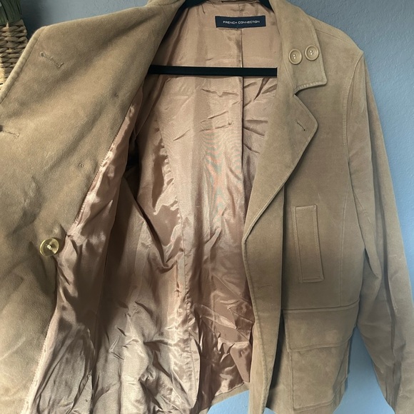 Vintage French Connection Tan faux suede Double-breasted Peacoat Jacket Size 8 - Picture 5 of 11